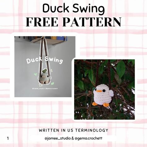 𝙅𝙖𝙢𝙚𝙚 ੈ♡˳ | Duck In a Swing FREE PATTERN (hat not included) - Collab with @gema.crochett ˚ ｡ ༘♡ ⋆𝚂𝚑𝚊𝚛𝚎𝚜 𝚊𝚛𝚎 𝚑𝚒𝚐𝚑𝚕𝚢 𝚊𝚙𝚙𝚛𝚎𝚌𝚒𝚊𝚝𝚎𝚍 ༘♡… | Instagram Crochet Swinging Duck Free Pattern, Crochet Swinging Duck, Crochet Duck Free Pattern, Crochet Market, Crochet Items, Crochet Free, Crochet Stuff, Happy Valentines, Crocheted Item