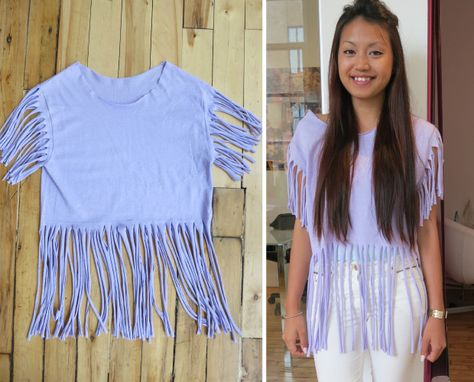 DIY Projects to Try: Make Your Own Fringe T-shirt - Pretty Designs Diy Fringe Shirt, Cute Cut Shirts, Fringe Tee Shirt, Tee Shirts Diy, Cut Shirt Designs, Diy Fringe, T Shirt Tutorial, Diy Cut Shirts, Shirt Makeover