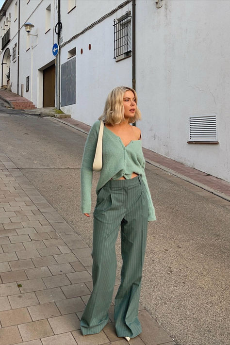 @laurajadestone is wearing Sézane Barry sea green cardigan and Rodriguo green and ecru suit pants with fine stripes. The shoes and bag are personal pieces. Jade Green Outfit, Cardigan Verde, Laura Jade Stone, Green Cardigan, Green Outfit, My Wardrobe, Suit Pants, Cardigan Fashion, Sea Green