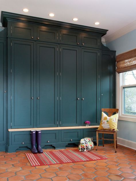 Closet cabinet painted in Benjamin Moore River Blue Mudroom Storage Cabinet, Blue Kitchen Designs, Mudroom Cabinets, Mudroom Flooring, Recreational Room, River Blue, Terracotta Floor, Cabinet Paint Colors, Mud Room Storage