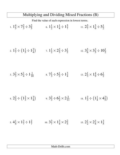 The Multiplying and Dividing Mixed Fractions with Three Terms (B) Math Worksheet from the Fractions Worksheets Page at Math-Drills.com. Dividing Mixed Fractions, Mixed Fractions Worksheets, Free Fraction Worksheets, Dividing Fractions Worksheets, Multiplying Fractions Worksheets, Math Worksheets For Kids, Scientific Notation Worksheet, Math Fractions Worksheets, Multiplication And Division Worksheets