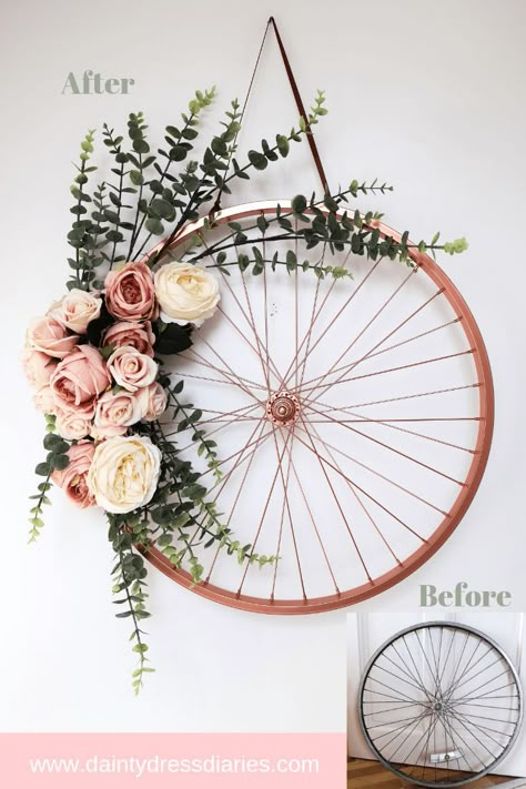 Repurpose And Recycle An Old Bike Wheel. Turn a bike wheel into a floral wreath by using some spray paint and some faux flowers. Perfect wedding DIY. Bike Decorations, Dainty Dress, Wheel Decor, Flowers And Greenery, Deco Nature, Bicycle Wheel, Bike Wheel, Deco Floral, Home Design Decor