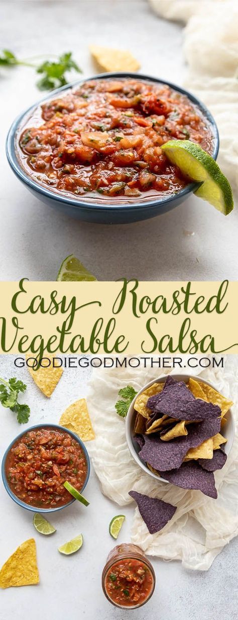 Restaurant quality salsa! This tastes AMAZING... Easy Roasted Vegetable Salsa Recipe - Goodie Godmother Vegetable Salsa, Best Homemade Salsa, Easy Roasted Vegetables, Starter Dishes, Summer Crockpot Recipes, Homemade Salsa Recipe, Cocktail Appetizers, Roasted Vegetable, Homemade Salsa