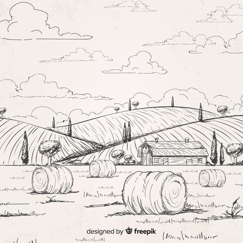 Hand drawn farm landscape Free Vector | Free Vector #Freepik #freevector #freetree #freehand #freenature #freehand-drawn Drawing Landscape Ideas, Farm Drawing Landscape, Farm Drawing, Landscape Drawing Easy, Drawing Scenery, Farm Landscape, Zestaw Ikon, Nature Art Drawings, Nature Sketch