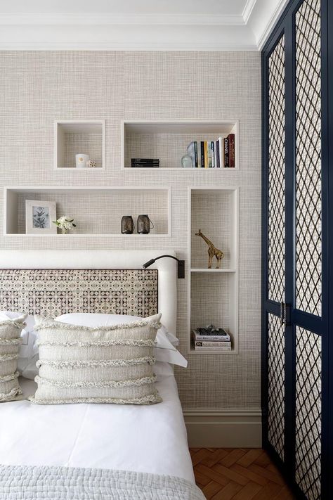 Bedroom Niche, Niche Shelves, Black Sconces, Wall Niche, Headboard Wall, Bedside Storage, En Suite Bathroom, Storage Hacks, Chic Bedroom