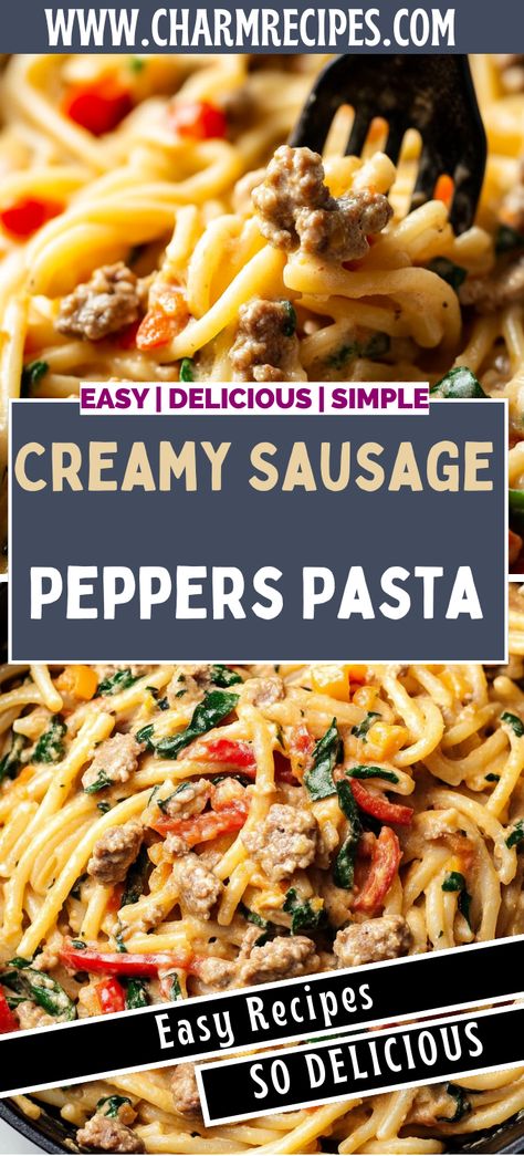 Creamy Sausage and Peppers Pasta Creamy Sausage Spaghetti, Casing Sausage Recipes, Dinner Recipes With Pork Sausage, Spicy Pork Sausage Recipes, Easy Turkey Sausage Recipes, Italian Sausage And Pasta Recipes, Jalapeno Sausage Recipes, Ground Sausage Pasta Recipes, Mild Sausage Recipes