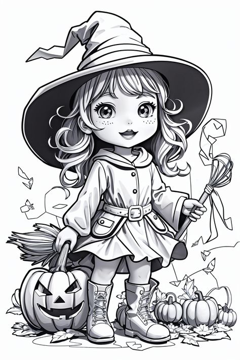 Halloween Witch Drawing, Halloween Drawings Ideas Sketches, Chibi Coloring Pages, Best Coloring Pages, Halloween Coloring Sheets, Free Halloween Coloring Pages, Witch Coloring Pages, Pumpkin Coloring Pages, Halloween Coloring Book