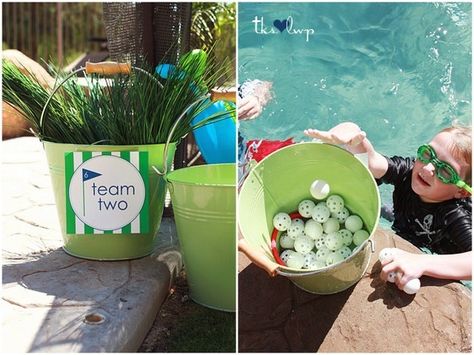 Golf themed party.  Throw plastic golf balls in pool.  2 teams.  Teams fetch the balls one by one and put them in their bucket. Swim Party Ideas, Swim Birthday Party, Golf Themed Party, Grass Centerpiece, Pool Party Games, Swimming Party Ideas, Party Ideas Games, Golf Birthday Party, Swimming Party