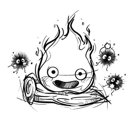 Calcifer And Soot Sprite Tattoo, Calsifer Howl Tattoo, Calcifer Doodle, Calcifer Dessin, Calcifer Tattoo Black And White, Calcifer Drawing, Studio Ghibli Flash Tattoo, Chibi Tattoo, Studio Ghibli Calcifer