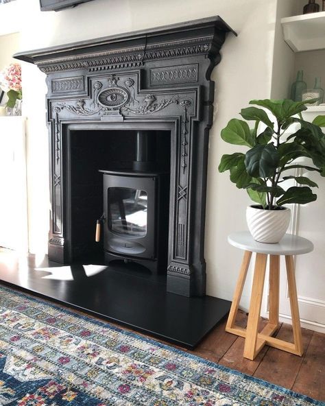 Log Burner With Mantlepiece, Victorian House Fireplace, Victorian Fireplace Ideas Vintage, Black Electric Fireplace Mantel, 1910 Fireplace, Small Fireplace Ideas, Victorian Fireplace Ideas, Fireplace Woodburner, 1920s Fireplace