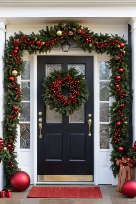 Greet guests with handmade door decorations. Explore creative ideas to dress up your entrance for a joyful holiday welcome. Entry Door Christmas Garland, Main Door Christmas Decor, Diy Front Door Christmas Garland, Christmas Decorations Door Entrance, Front Door Christmas Garland Ideas, Christmas Door Garland Ideas, Door Xmas Decoration, Simple Front Door Christmas Decor, Christmas Door Diy