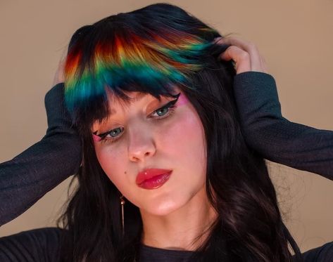 Rainbow Fringe Hair, Color In Bangs, Oil Spill Hair, Rainbow Hair Colors, Rainbow Highlights, Rainbow Fringe, Fringe Hair, Rainbow Braids, Gothic Hairstyles