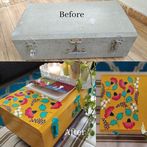 Old trunk to Brand new trunk transformation. Old Trunk Ideas Repurposed Diy, Diy Old Trunk Makeover, Old Trunk Decor, Old Trunk Painting Ideas, Metal Box Painting Ideas, Old Box Decor Ideas, Painted Trunk Ideas, Old Trunks Makeover, Trunk Box Decor