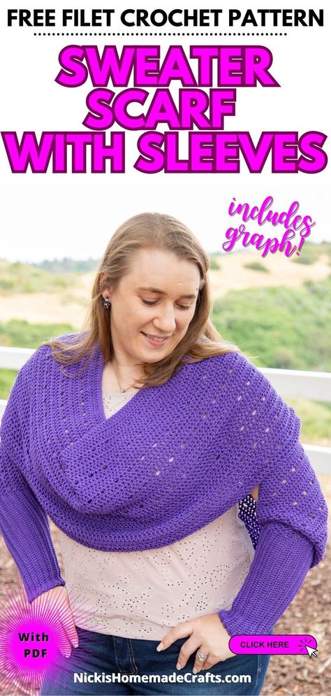 Wrap yourself in elegance with this stunning crochet scarf with sleeves. It features open mesh filet crochet design, which looks intricate but uses basic stitches and is easy to learn. It's made from a bamboo merino blend, making it both breathable and warm. Get the crochet scarf pattern free from Nicki's Homemade Crafts! Free Crochet Shawl Patterns, Scarf With Sleeves, Crochet Shawl Patterns, Free Crochet Scarf, Crochet Wraps, Strawberry Crochet, Crochet Bolero Pattern, Crochet Scarf Pattern, Crochet Shrug Pattern