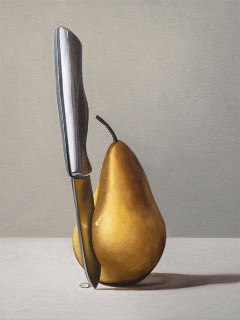 Lauren Pretorius | Pear & Paring Knife Food Oil Painting, Menu Frame, Foto Transfer, Background Print, Fruit Food, Neutral Background, Still Life Drawing, Paring Knife, Painted Signs