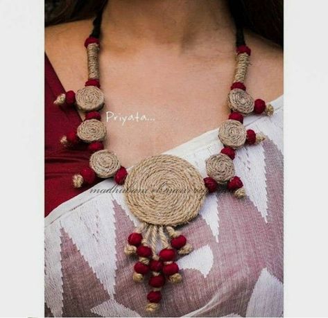 Check out this item in my Etsy shop https://www.etsy.com/listing/746941105/indian-handmade-handcrafted-jewelry-jute Jute Jwellery Design, Jute Neckpiece, Jute Jewellery Handmade, Febric Jwellary, Jute Jewellery, Terracotta Jewellery Designs, Macrame Colar, Hand Painted Necklace, Diy Fabric Jewellery