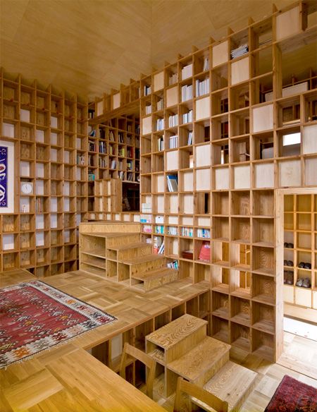 bookshelves on every surface? yes please! needs more books Creative Bookcases, Japanese Home Design, Pine Shelves, Pod House, Library Architecture, Bookcase Design, Architecture Studio, Book Storage, Japanese House