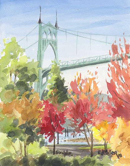 Autumn Color at St. John's Bridge, Portland Oregon, Cathedral Park, autumn watercolor artwork, painting by Emily Miller Oregon Trail Activities, Portland Bridges, Multnomah Falls Oregon, Lake Oswego Oregon, Emily Miller, Oregon Map, Portland Art, Oregon Portland, Autumn Watercolor