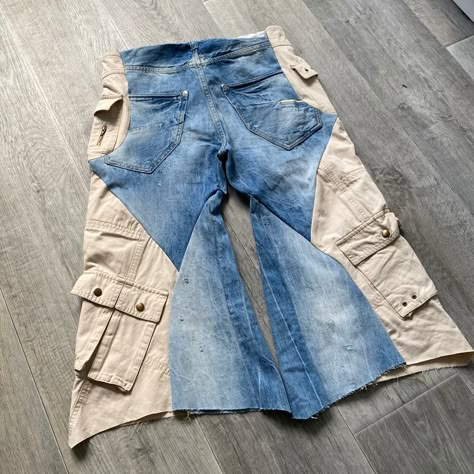 Jeans Transformation Ideas, Costume Jeans, Upcycled Pants, Custom Jeans Diy, Reworked Jeans, Jeans With Patches, Denim Diy Clothes, Custom Pants, Apparel Design Inspiration