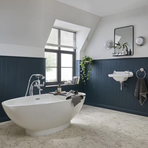 Navy Bathroom Panelling, Blue Half Wall Paneling, Panelled Wall Bathroom, Toilet Wood Panelling, Navy Tongue And Groove Bathroom, Blue Panelled Bathroom, Blue Walls In Bathroom, Navy And Chrome Bathroom, Stiffkey Blue Bathroom