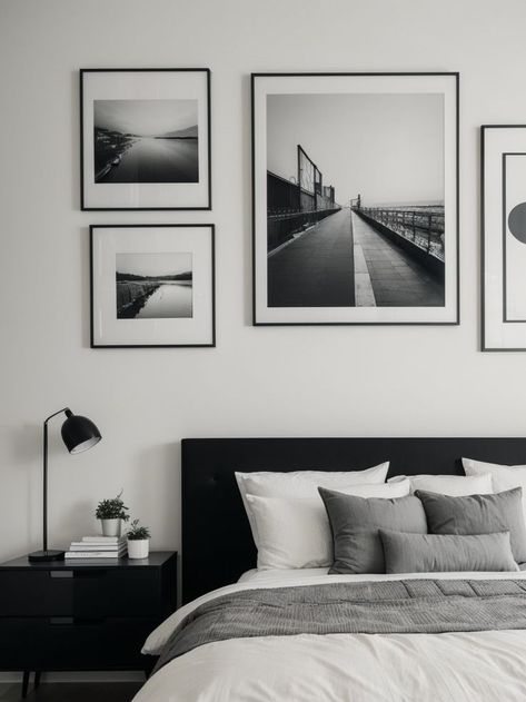 Create an aesthetically pleasing bedroom by adding wall quotes that reflect your style and personality. Combine them with a minimalist bed frame and a gallery wall of black and white photographs for a sleek and modern look. Minamilist Bedroom, Minimal Room Aesthetic, Aesthetically Pleasing Bedroom, Modern Masculine Bedroom, Bachelor Bedroom, Art Over Bed, Bedroom Art Above Bed, Masculine Wall Art, Minimalist Bed Frame