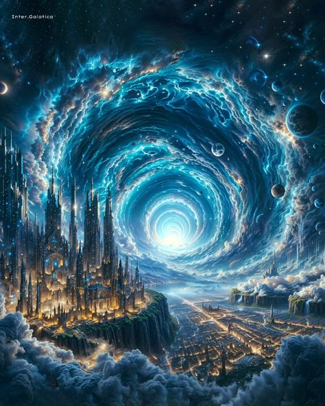 🌌 Portalis: The Multiverse Citadel 🌠 In the celestial city of Portalis, a grand vortex portal pulses with the energies of infinite realities. The city's inhabitants, the Regulators, live in harmony with the portal's power, using advanced technology to facilitate instant travel to alternate dimensions. Portalis is a hub of knowledge and control, where the Regulators work tirelessly to balance the cosmic energetic flow, preventing chaos and maintaining the equilibrium of the multiverse. Their ... Multiverse Art Universe, Anime Alien, Superhero Art Projects, Scifi Artwork, Portal Art, Sci Fi Landscape, Super Powers Art, Floor Wallpaper, Technology Art