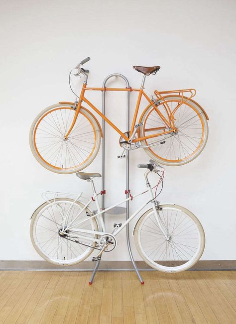 10 Easy Pieces: Cool Indoor Bike Racks, from Cheap to Not Cheap - The Organized Home Bike Storage Outdoor, Fixie Bike Ideas, Elfa Garage, Standing Bike Rack, Bike Storage Apartment, Bicycle Storage Rack, Indoor Bike Rack, Bicycle Wall Mount, Indoor Bike Storage