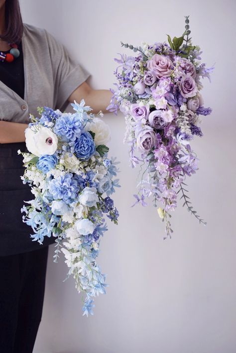 Purple Blue And Green Bouquet, Pink Blue Lilac Bouquet, Blue Wisteria Bouquet, Purple Blue Hydrangeas, Lavender And Blue Bouquet, Lilac Beach Wedding Decor, Wisteria Flower Bouquet, Dusty Blue And Lilac Wedding Bouquet, Bridal Bouquet Purple And Blue