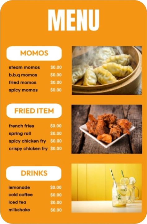 Restaurant Food Menu poster template .Fully editable .You can move eliments and texts are also editable . #foodmenu #restaurantmenu Steamed Momos, Menu Poster, Menu Inspiration, Food Menu Design, Restaurant Food, Cold Coffee, Spicy Chicken, Crispy Chicken, Spring Rolls