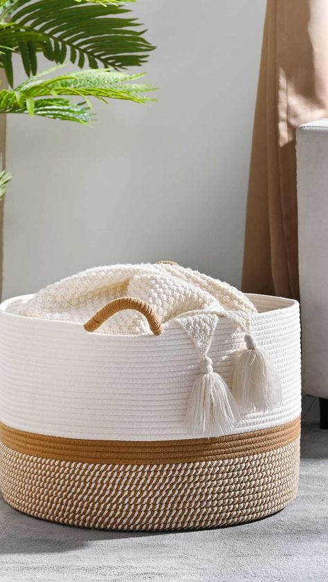 Say goodbye to cluttered spaces! This woven blanket basket keeps your living room, nursery, or laundry room tidy with its generous storage space. Perfect for baby toys, pillows, and more! Cotton Basket Decor, Baby Toy Chest, Rope Blanket, Blanket Basket For Living Room, Large Blanket Basket, Basket For Living Room, Cotton Basket, Baskets For Storage, Baby Laundry