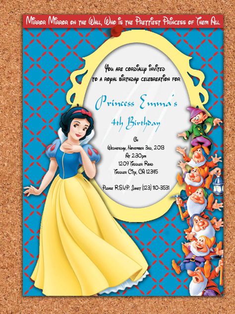 PRINTABLE INVITATION Snow White and the Seven Dwarfs by AtomDesign, $5.00 White Party Invitations, Snow White Invitations, Snow White Mirror, Sofia Princess, Snow White Birthday Party, Snow White Birthday, Snow White Party, Printable Invitation Templates, White Birthday