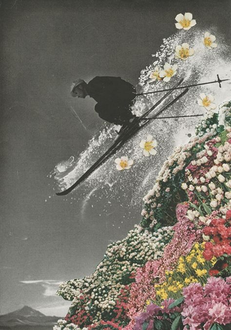 Collage: A work of art created by gluing bits of paper, fabric, scraps, photographs, or other material to a flat surface. Skiing Art, Spring Skiing, Love Collage, Junji Ito, Foto Art, Mix Media, Skis, Surreal Art, Art Plastique