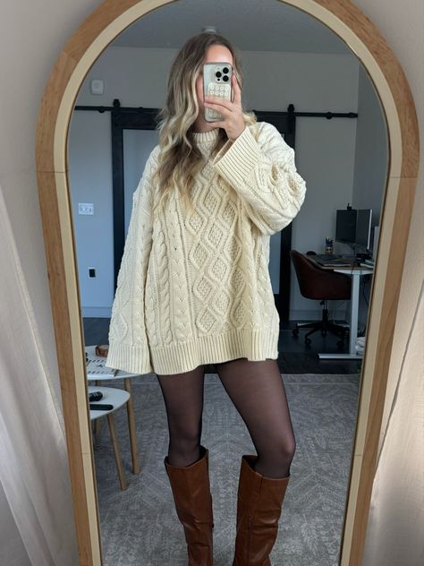 mirror picture wearing sweater dress and brown boots for fall outfit inspiration Sweater Dress And Tights Outfit, Baggy Sweater Dress Outfit, Sweater Dress With Uggs, Sweater Dress Outfit With Tights, Sweater Dress Aesthetic, Sweater Dress With Boots, Outfit With Tights, Sweater Dress Leggings, Trendy Mom Outfits