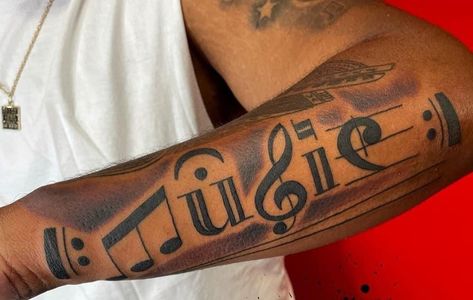 Piano Tattoo Ideas For Men, Starter Tattoos Ideas Women, Musical Tattoos For Guys, Highly Favored Tattoo, Music Sheet Tattoo, Music Sleeve Tattoo, Arm Tattoos Music, Music Tattoo Ideas For Men, Boombox Tattoo