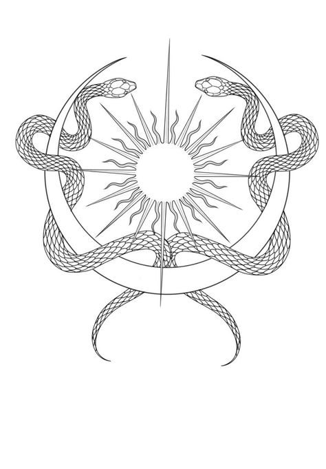 Snake Moon Drawing, Sun Moon And Snake Tattoo, Greek Mythology Snake Tattoo, Sun Moon Snake Tattoo, Sun And Moon Snake Tattoo, Chest Tattoo Snake, Twin Snake Tattoo, Snake And Dragon Tattoo, Double Snake Tattoo