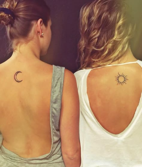 Sun And Moon Tattoo Matching Mom And Daughter, Sun And Moon Tattoo Matching Shoulder, Unique Sun And Moon Tattoo Matching, Moon And Sun Sister Tattoo, Sun Moon Sister Tattoo, Sister Sun And Moon Tattoo, Sun And Moon Separate Tattoo, Sun And Moon Tattoo Separate, Sister Tattoos Sun And Moon