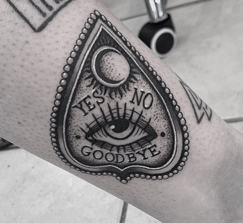 Gothic Planchette Tattoo, Ouija Planchette Tattoo Traditional, American Traditional Planchette Tattoo, Gothic Eye Tattoo, Ouji Tattoos, Small Planchette Tattoo, Planchet Tattoo, Oujia Board Tattoos, Spooky Hand Tattoos