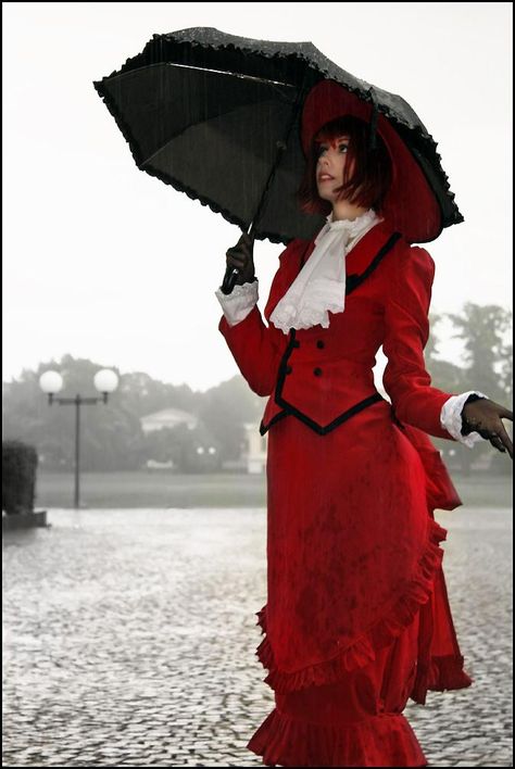 You want to wash it down.... by Abessinier on DeviantArt Outfits Punk, Madame Red, Black Butler Grell, Red Cosplay, Grell Sutcliff, Black Butler Cosplay, Pouring Rain, Black Umbrella, Gothic Models