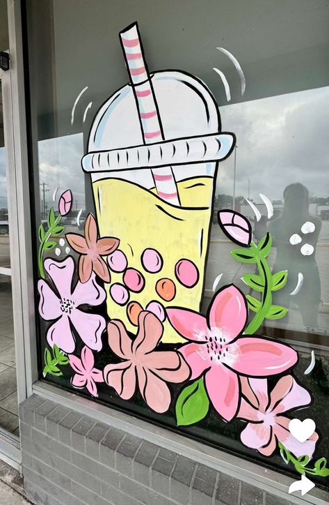 Coffee Window Art, Window Murals Ideas, Coffee Shop Window Art, Window Painting Ideas Diy, Easy Window Painting Ideas, Boba Store, Window Painting Ideas, Chalk Mural, Painted Window Art