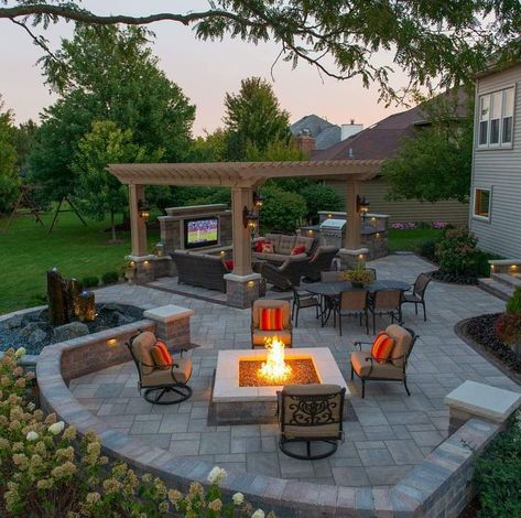 Pin by kdegrande on Backyard Oasis | Modern backyard landscaping, Outdoor decor backyard, Outdoor patio designs Patio With Gazebo And Hot Tub, Backyard Pavilion With Fireplace, Huge Backyard Ideas, Small Stone Patio, Patio Extension Ideas, Flagstone Patio Design, Patio With Fire Pit, Backyard Design On A Budget, Outside Fireplace