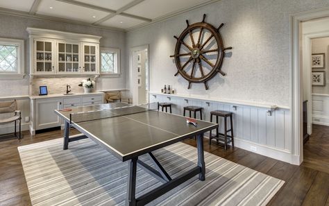 Beach House Game Room, Lake House Game Room, Farmhouse Game Room, Basement Rec Room Ideas, Rec Room Ideas, Ping Pong Room, Basement Rec Room, Pool Table Room, Basement Redo