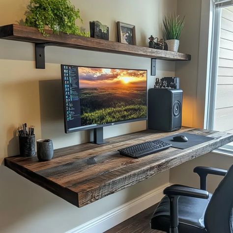 A rustic wood floating desk is a perfect solution for creating a functional, space-saving workspace with a touch of charm. This minimalist design allows the desk to float on the ... Read more Make Office Desk, Diy Desk Bedroom, Wall Computer Desk, Floating Desk With Bookshelves, Wood Working Table Design, Desk Mounted To Wall, Diy Wall Desks, Diy Floating Desk Ideas, Family Room Desk Ideas