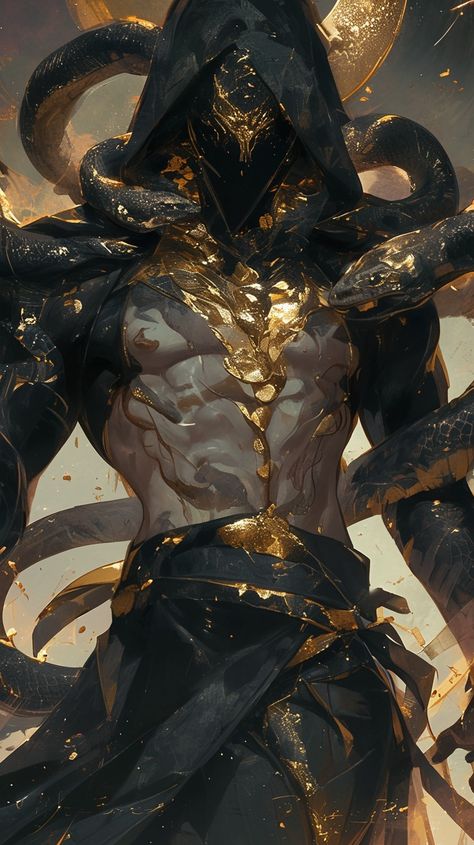 Black And Gold Dragon Art, Snake Character Design Male, Snake Man Art, Clan Ideas, Snake Demon, Snake God, Snake Man, Tattoo Character, Golden Demon