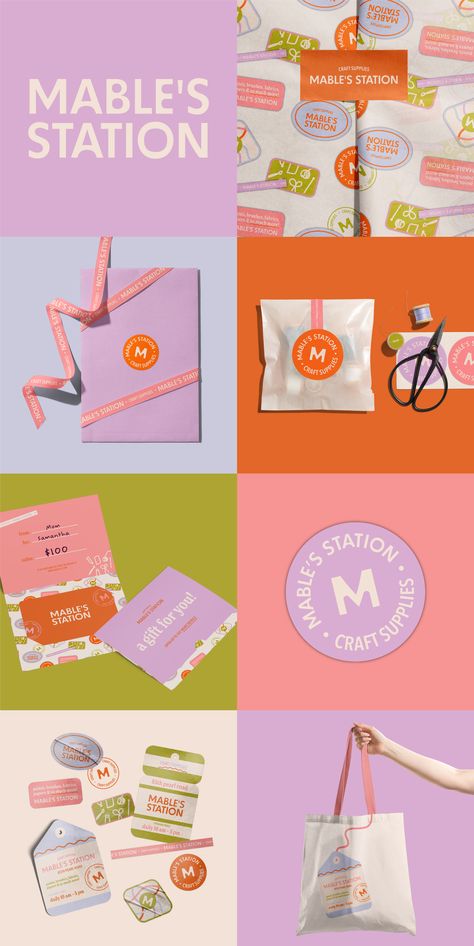 Mabel's Station Craft Store | Branding, Logo Branding And Packaging Design, Color Brand Palette, Branding Ideas Marketing, Colorful Brand Palette, Funky Brand Design, Small Business Branding Ideas, Jewel Branding, Fun Branding Design, Craft Branding