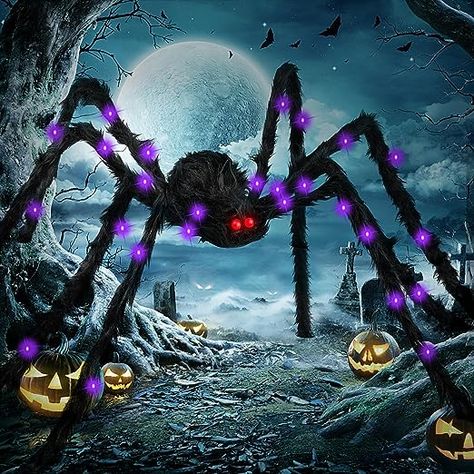 Halloween Decoration Spider 60 Inch Light Up Giant Big Spider Web for Indoor Outdoor Halloween Decoration Garden Home Haunted House Decoration (2Pack) Color Black Brand Anerbili Theme Halloween Item Dimensions LxWxH 59 x 59 x 59 inches Light Color Purple Home Haunted House, Purple Lights, Big Spiders, Halloween Spider Decorations, Spider Decorations, Haunted House Decorations, Giant Spider, Web Colors, Christmas Village Houses