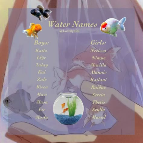 Names For Fairies, Mermaid Names Aesthetic, Water Last Names, Water Names Ideas, Water Names Girl, Ocean Themed Names, Water Themed Names, Fish Names Ideas Cute, Water Related Names