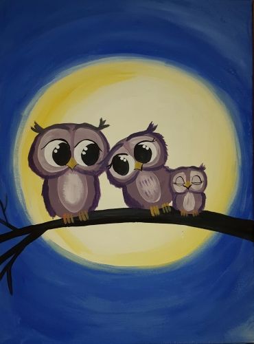 Christmas Paintings On Canvas, Paint Nite, Cartoon Painting, Owl Painting, Night Painting, Owl Art, Beginner Painting, Acrylic Canvas, Painting Class