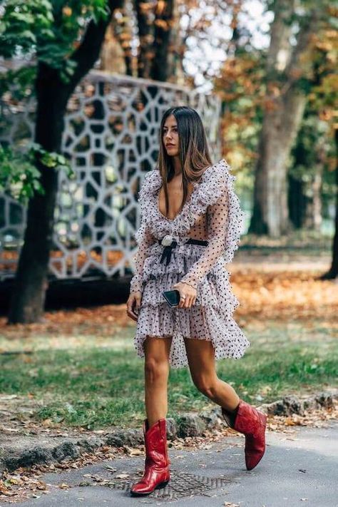 Dresses To Wear With Cowboy Boots, Cowboy Boot Outfits, Gilda Ambrosio, Cowgirl Couture, Dresses With Cowboy Boots, Milan Fashion Week Street Style, Looks Country, Popsugar Fashion, Plunge Dress