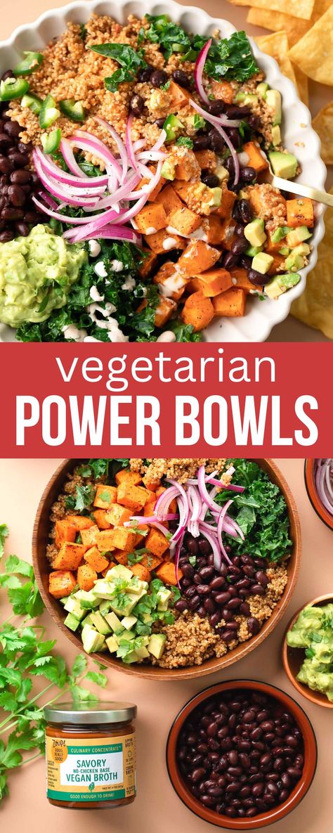 vegetarian power bowls with toppings Vegan Broth, Fluffy Quinoa, Vegetarian Bowls, Power Bowl Recipe, Vegetarian Quinoa, Healthy Bowls Recipes, Power Bowl, Roasted Sweet Potato, Power Bowls