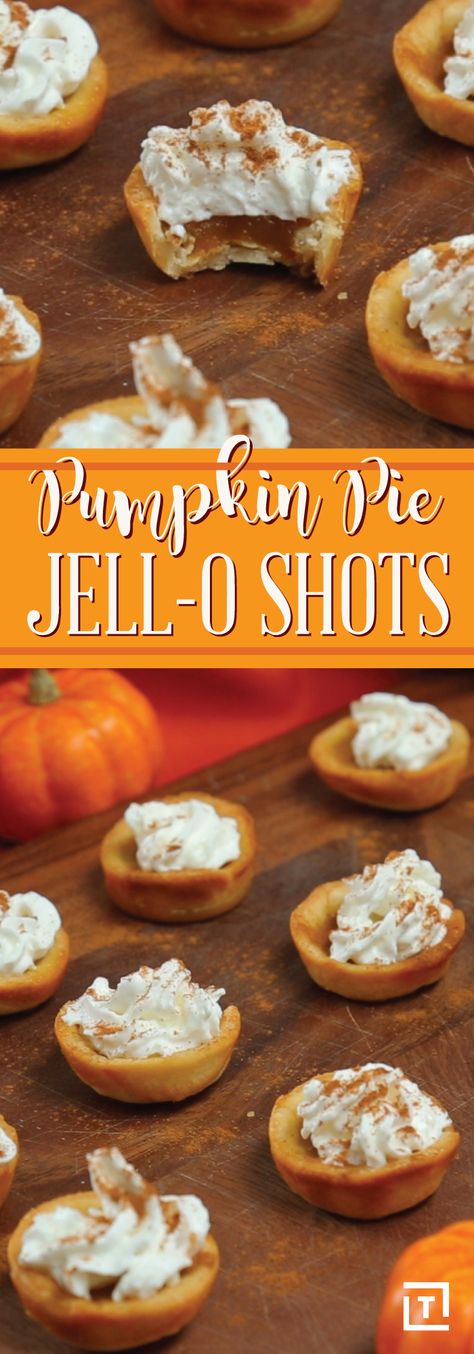 Pumpkin pie season is officially here. We're obsessed with the classic Halloween dessert no matter which mouthwatering form it takes -- so you can understand our excitement when we heard about these pumpkin pie Jell-O shots. It's every multi-tasker's dream: you can treat yourself to dessert and get a festive buzz going at the same time, which makes these adorable little crusts of joy the life of any party. Tailgate Finger Food, Pumpkin Shots, Friendsgiving Dessert Ideas, Pumpkin Pie Shots, Spiked Desserts, Making Pumpkin Puree, Friendsgiving Dessert, Party Food Ideas For Adults, Jello Pie